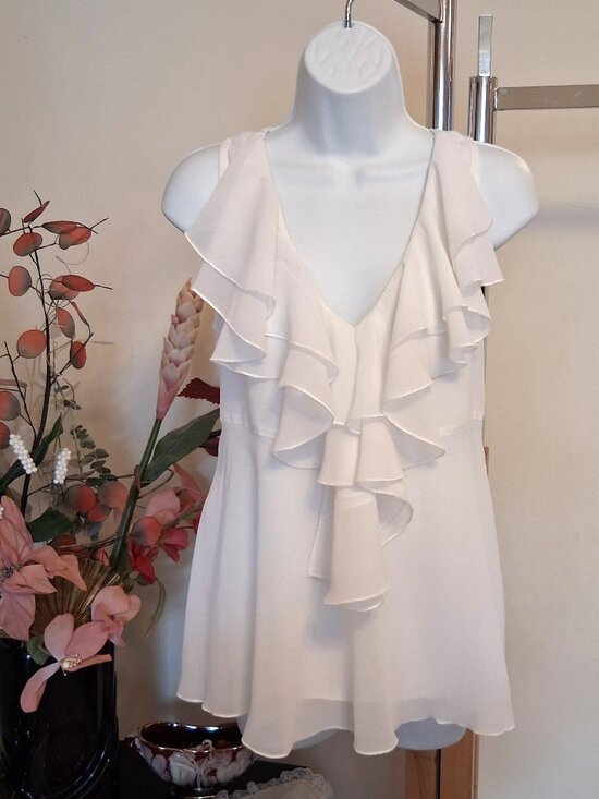Papillon Blanc Tops - NWOT Papillon Women’s White Ruffle Lined Camisole Tank Summer Top 8